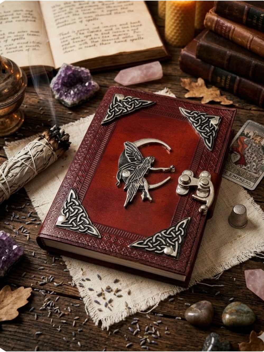 Vintage Celtic Fairy Leather Journal Handcrafted Moon Diary Book of Shadows Lock